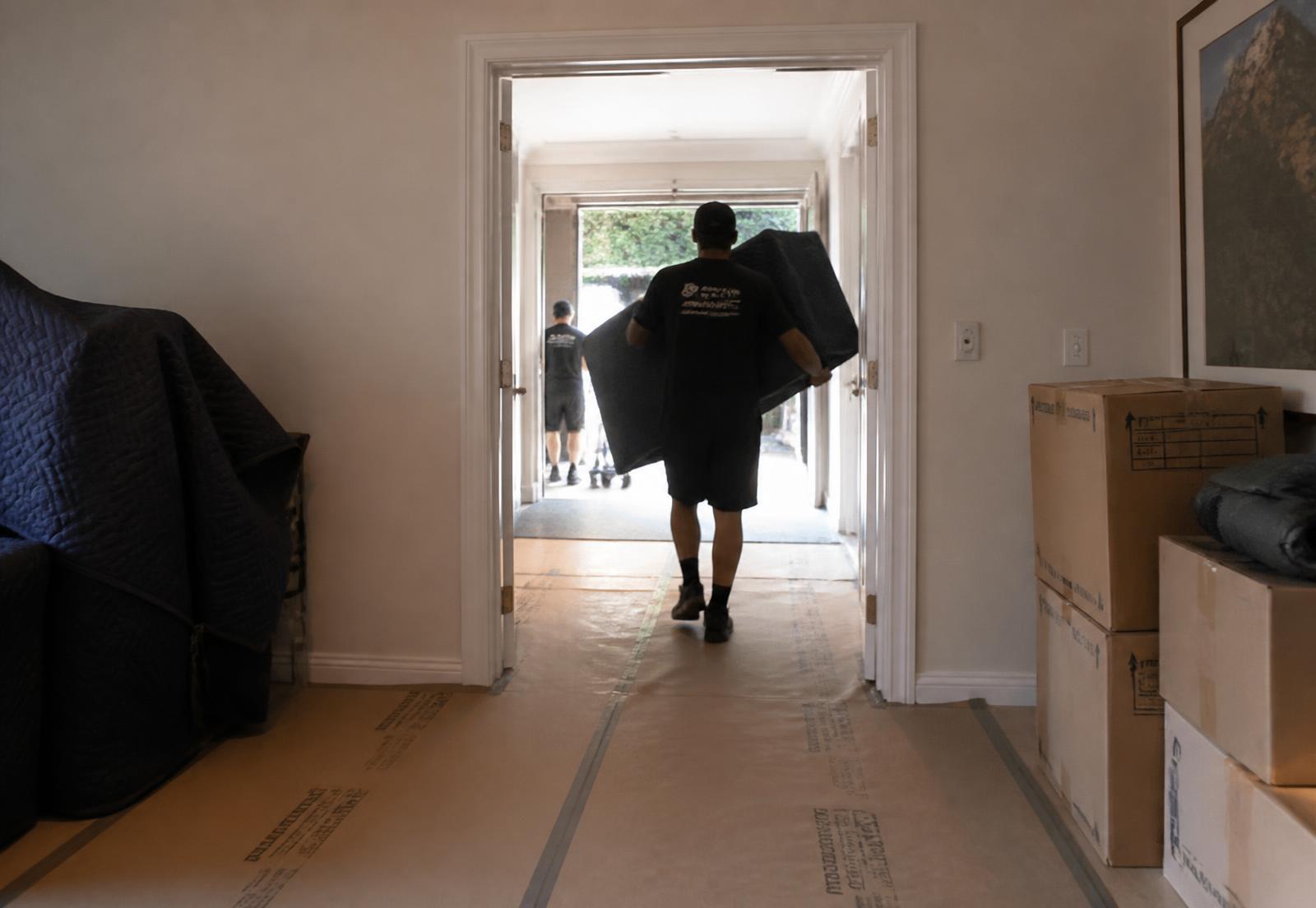 Professional contents removal through a doorway with floor protection