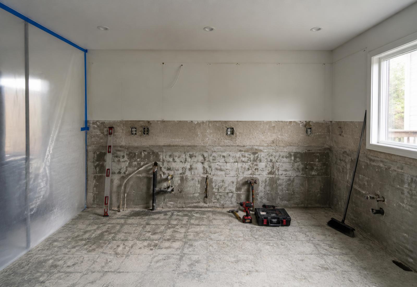 Kitchen during selective demolition with cabinets and countertops removed