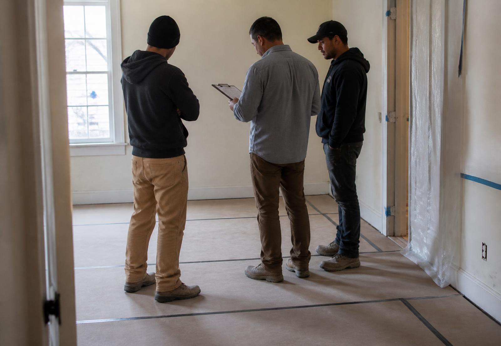 Contractor reviewing a demolition scope with crew members on site